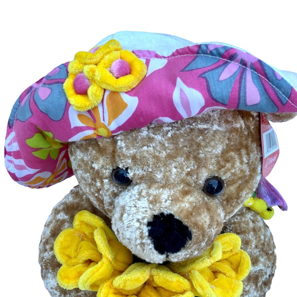 Fiesta Hawaii plush‎ chenille bear with hat holding yellow flowers - Picture 9 of 12